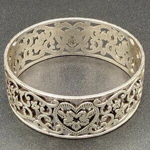 Authentic Brighton Silver-Tone Filigree Bangle Bracelet - Heart & Scroll Design